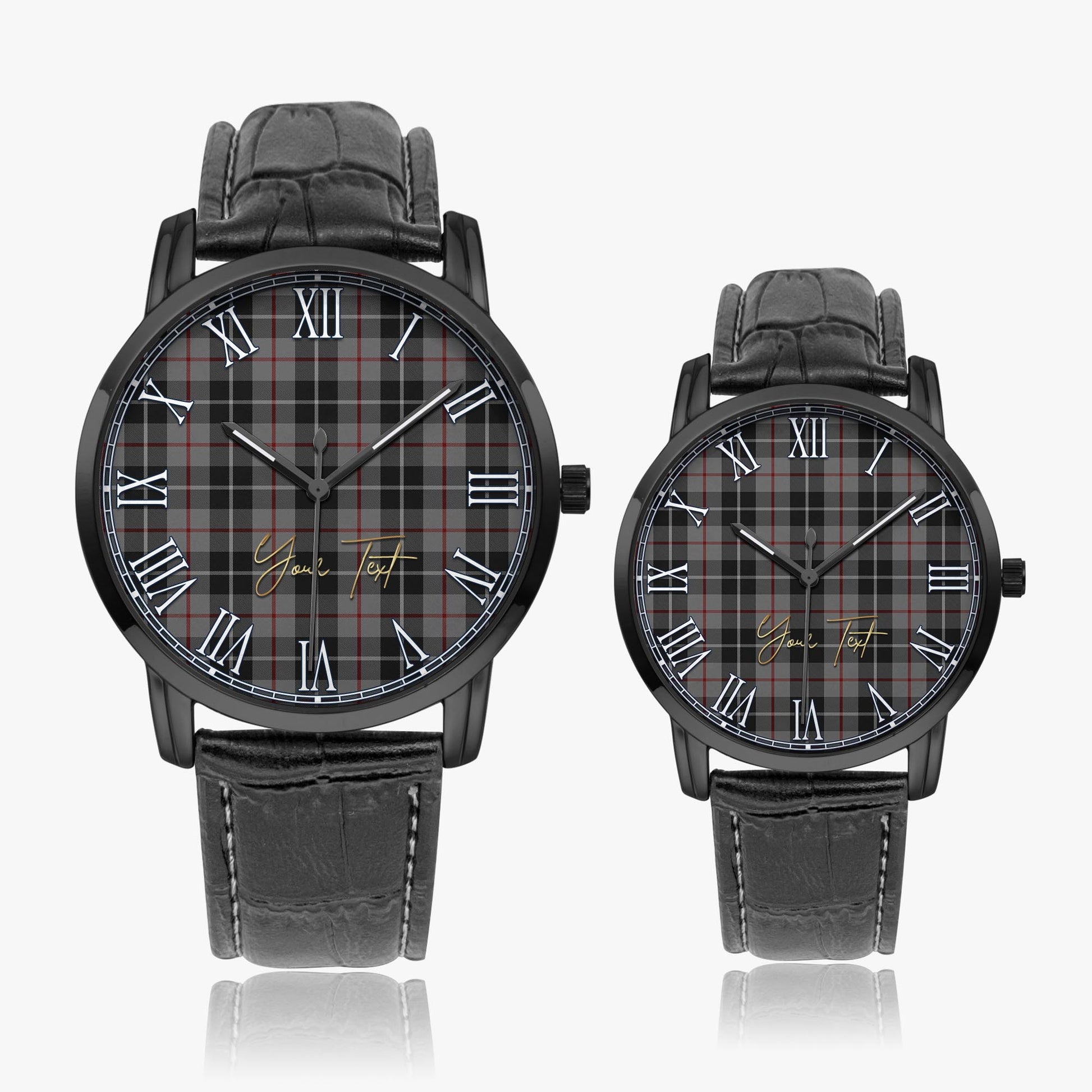 Thompson Grey Tartan Personalized Your Text Leather Trap Quartz Watch Wide Type Black Case With Black Leather Strap - Tartanvibesclothing Shop