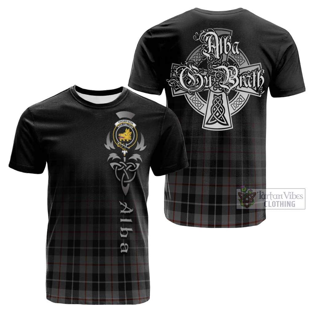 Tartan Vibes Clothing Thompson Grey Tartan Cotton T-shirt Featuring Alba Gu Brath Family Crest Celtic Inspired