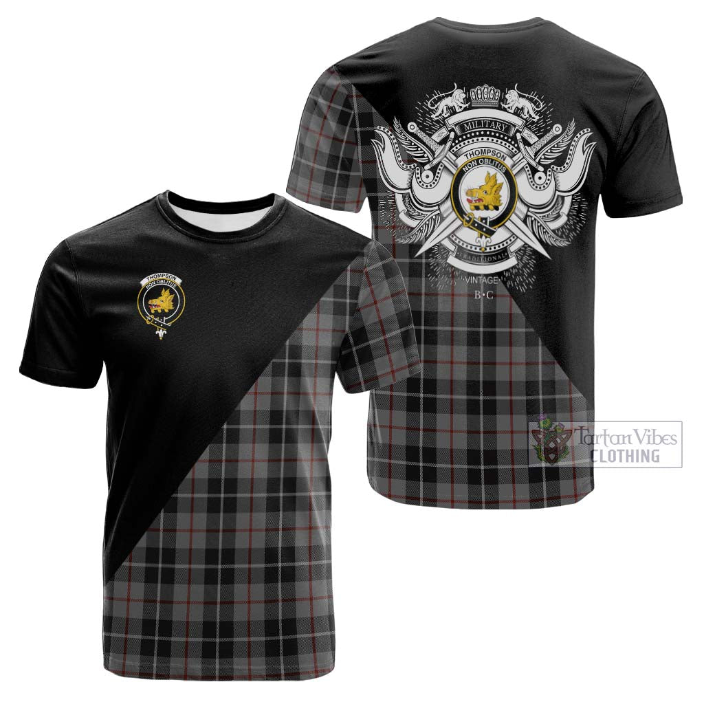 Tartan Vibes Clothing Thompson Grey Tartan Cotton T-shirt with Family Crest and Military Logo Style