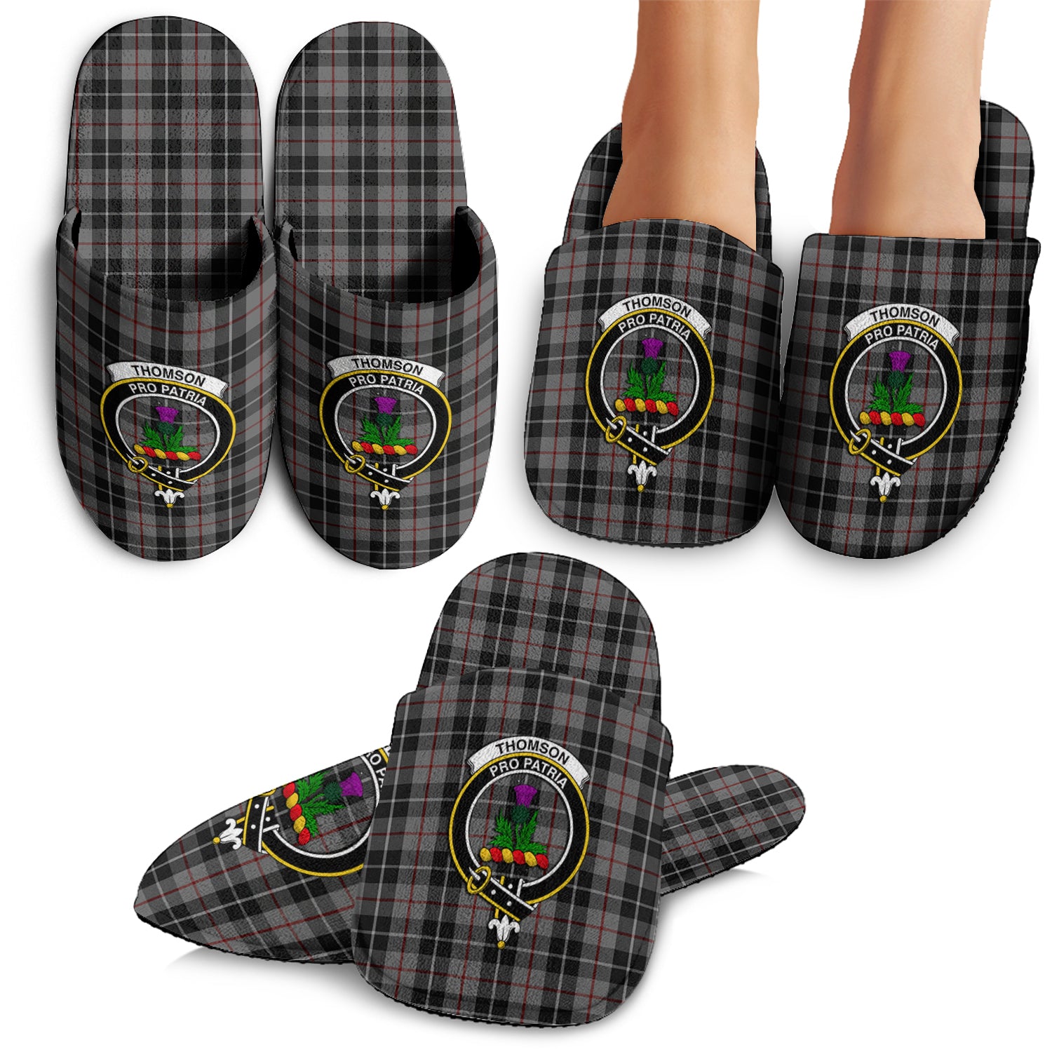 Thompson Grey Tartan Home Slippers with Family Crest - Tartan Vibes Clothing