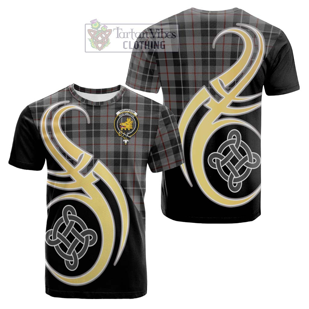 Tartan Vibes Clothing Thompson Grey Tartan Cotton T-shirt with Family Crest and Celtic Symbol Style