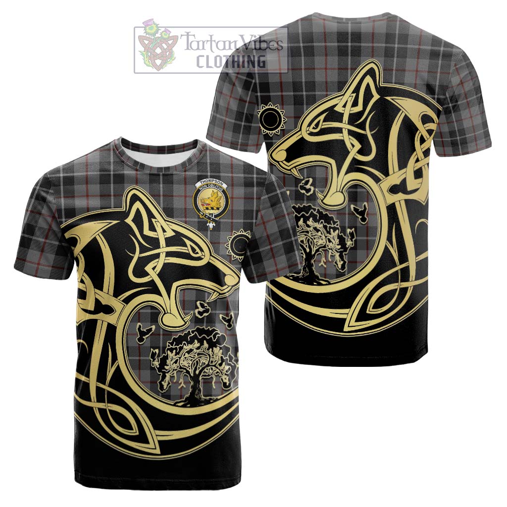 Tartan Vibes Clothing Thompson Grey Tartan Cotton T-shirt with Family Crest Celtic Wolf Style