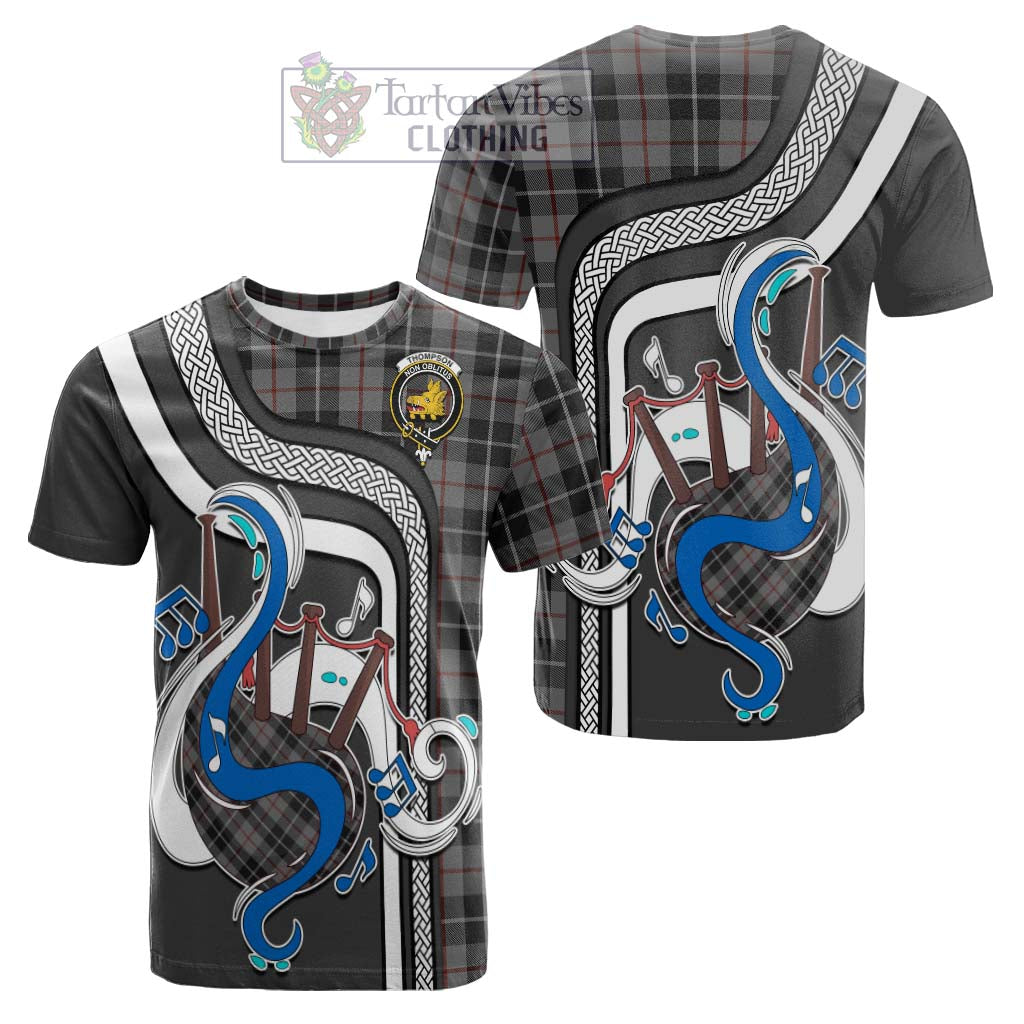 Tartan Vibes Clothing Thompson Grey Tartan Cotton T-shirt with Epic Bagpipe Style