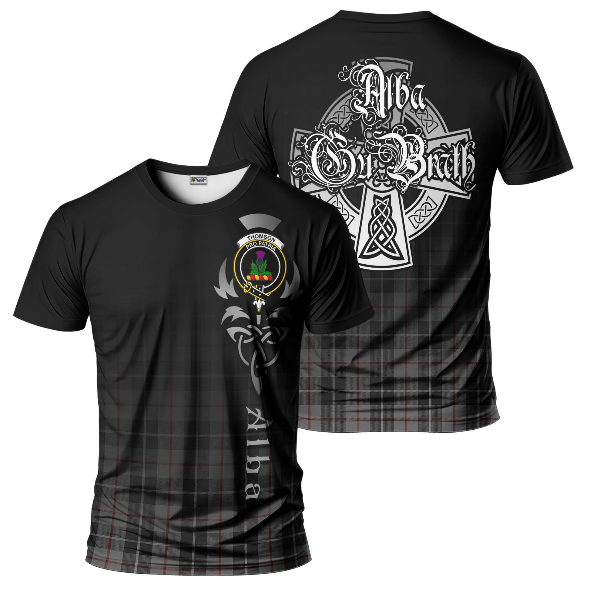 Tartan Vibes Clothing Thompson Grey Tartan T-Shirt Featuring Alba Gu Brath Family Crest Celtic Inspired