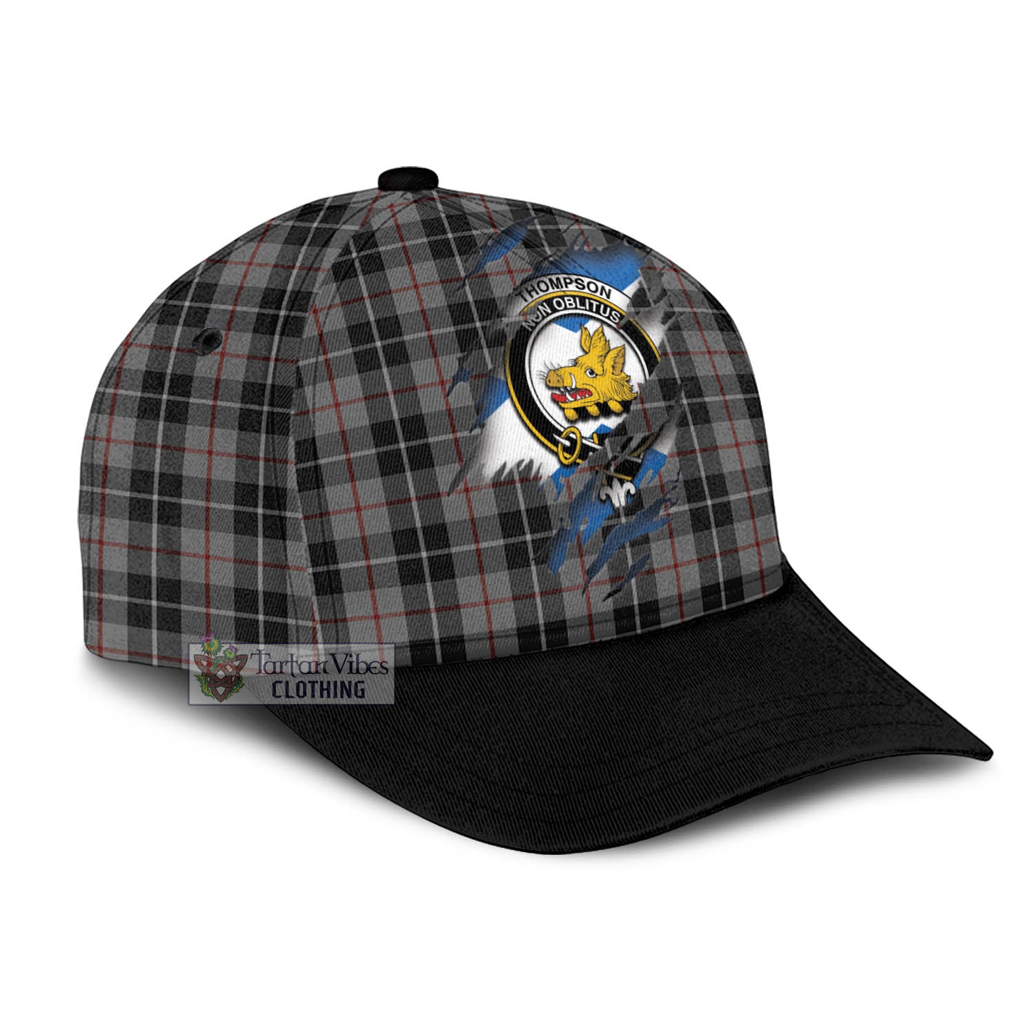 Tartan Vibes Clothing Thompson Grey Tartan Classic Cap with Family Crest In Me Style