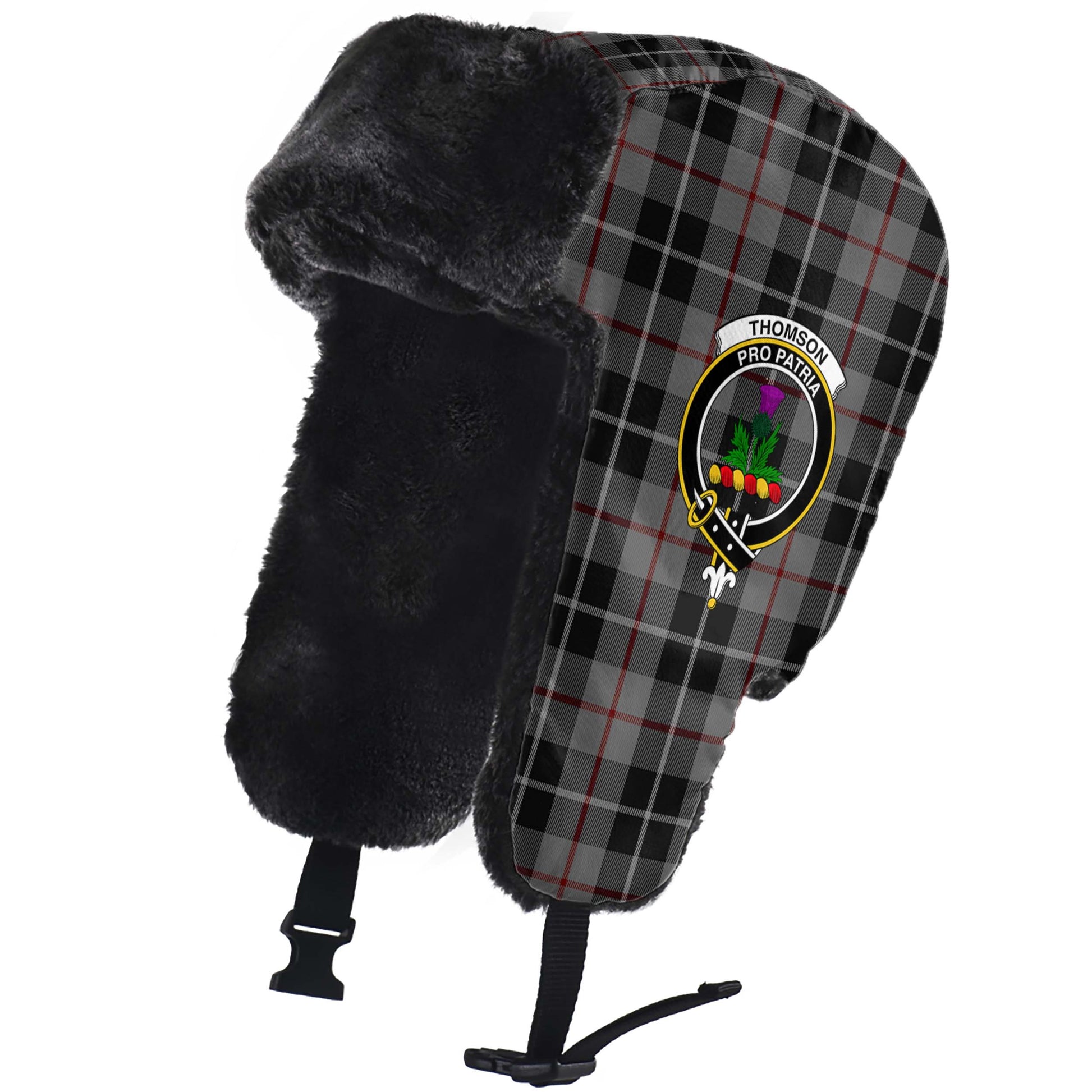 Thompson Grey Tartan Winter Trapper Hat with Family Crest - Tartanvibesclothing