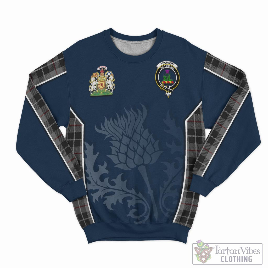 Tartan Vibes Clothing Thompson Grey Tartan Sweatshirt with Family Crest and Scottish Thistle Vibes Sport Style