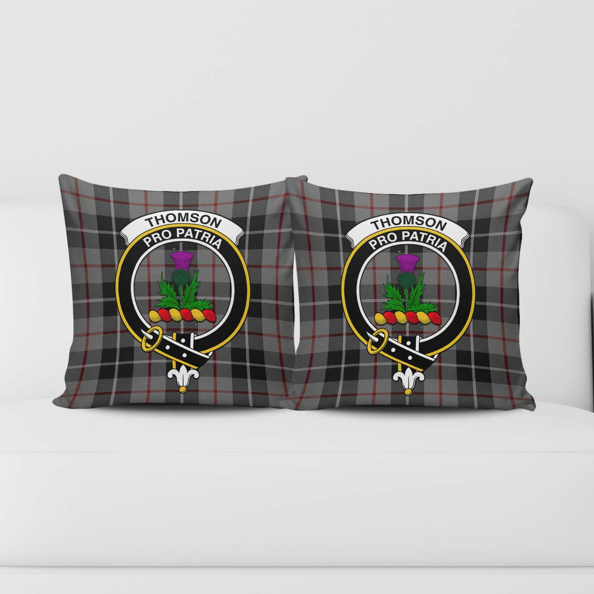 Thompson Grey Tartan Pillow Cover with Family Crest - Tartanvibesclothing