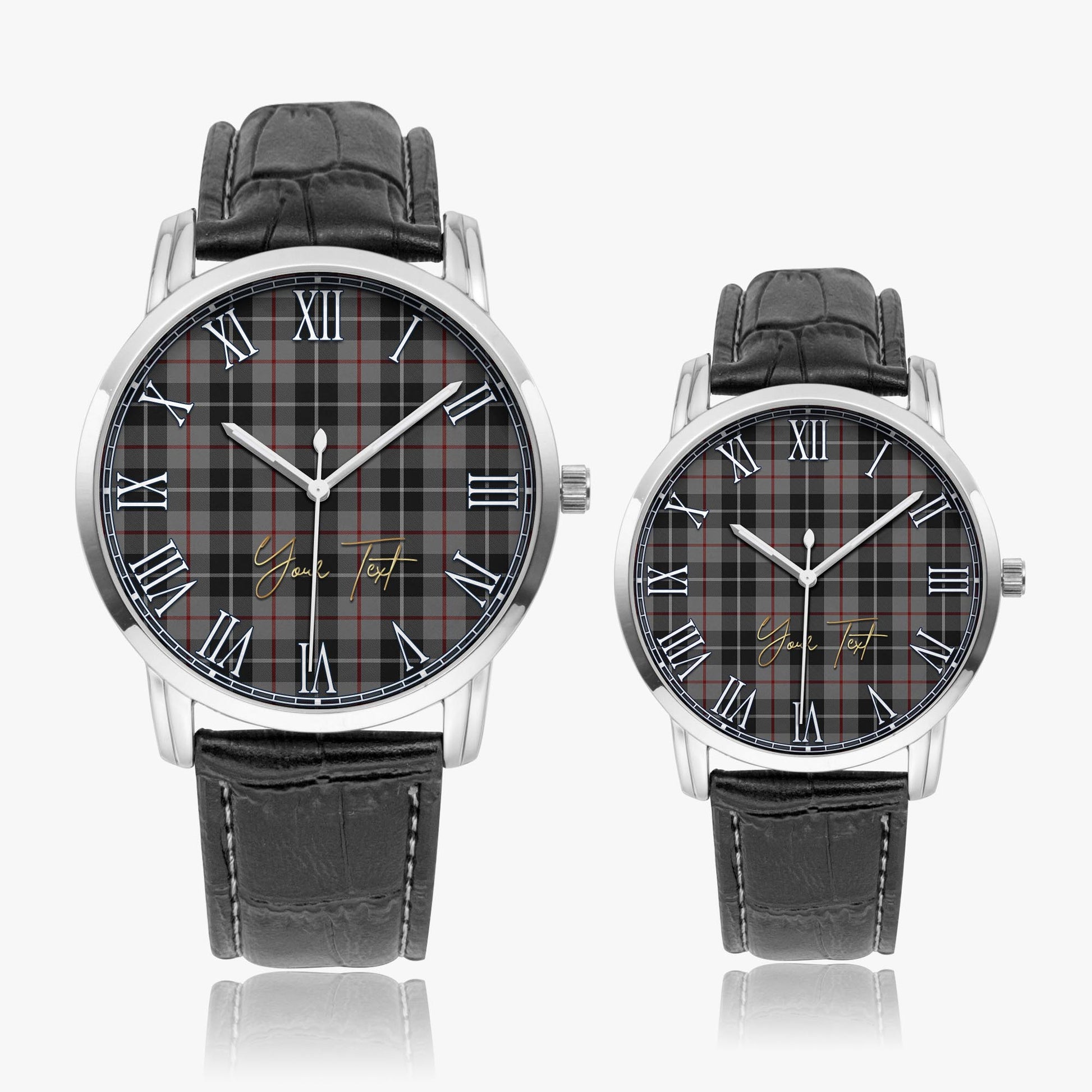 Thompson Grey Tartan Personalized Your Text Leather Trap Quartz Watch Wide Type Silver Case With Black Leather Strap - Tartanvibesclothing Shop