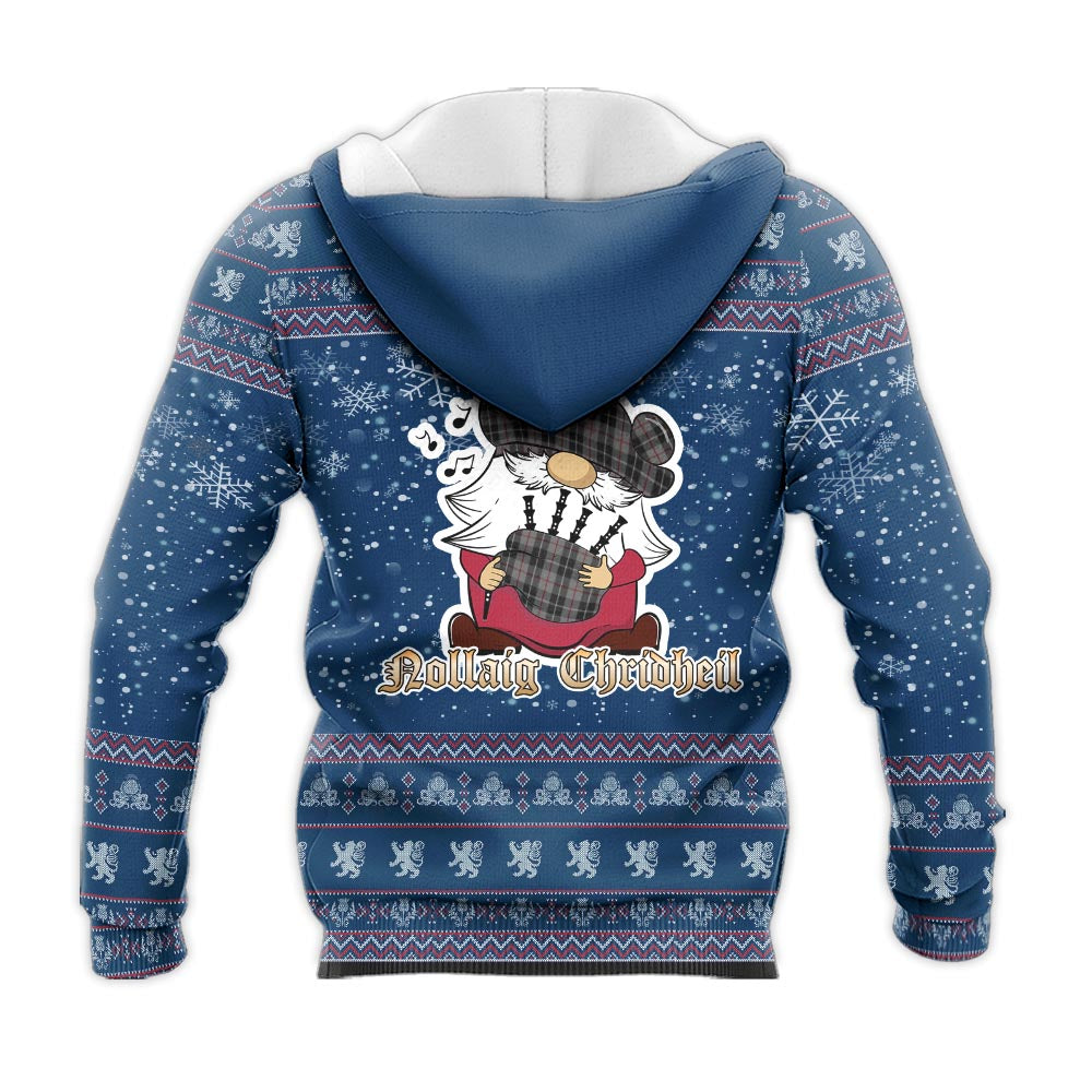 Thompson Grey Clan Christmas Knitted Hoodie with Funny Gnome Playing Bagpipes - Tartanvibesclothing
