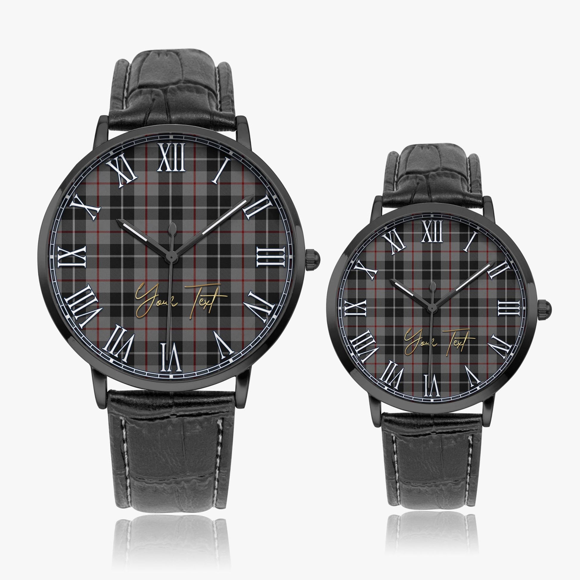 Thompson Grey Tartan Personalized Your Text Leather Trap Quartz Watch Ultra Thin Black Case With Black Leather Strap - Tartanvibesclothing Shop