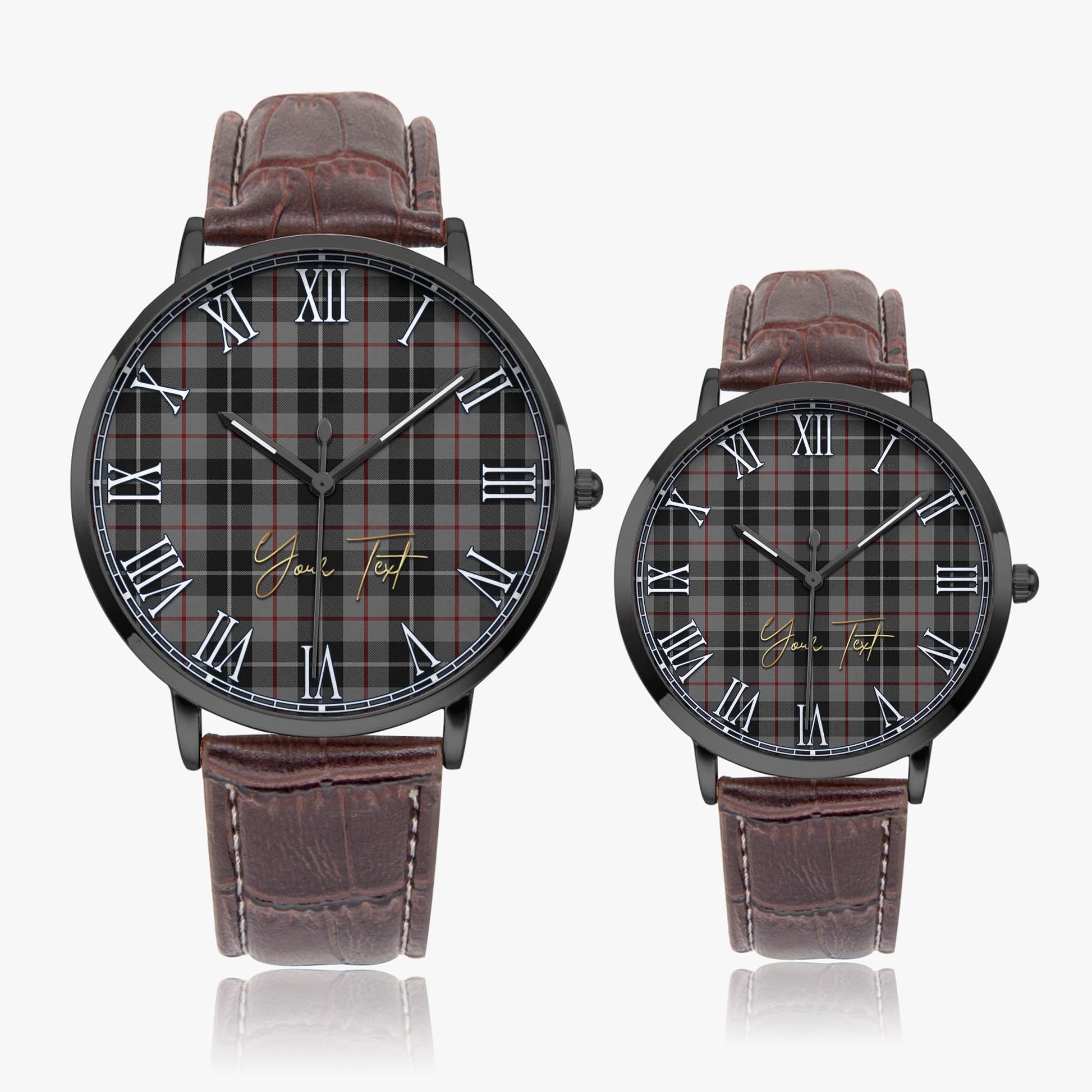 Thompson Grey Tartan Personalized Your Text Leather Trap Quartz Watch Ultra Thin Black Case With Brown Leather Strap - Tartanvibesclothing Shop