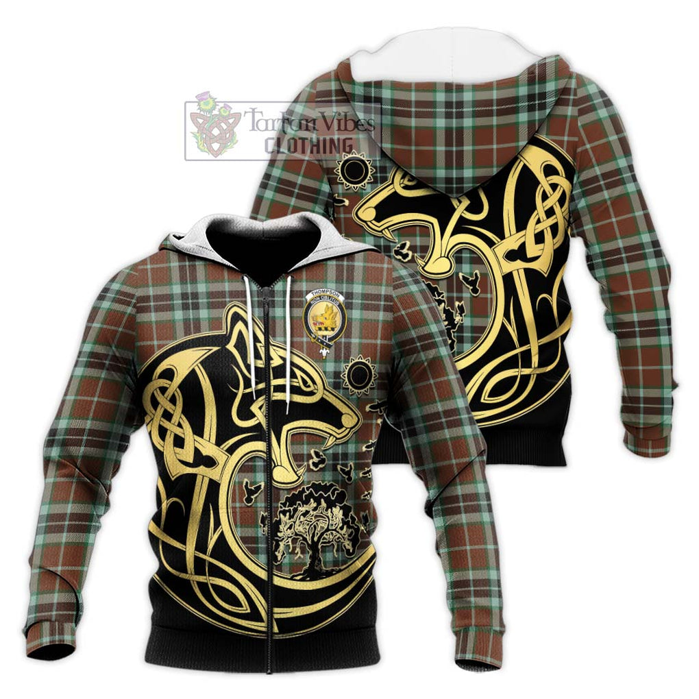 Thompson Hunting Modern Tartan Knitted Hoodie with Family Crest Celtic Wolf Style Unisex Knitted Zip Hoodie - Tartan Vibes Clothing