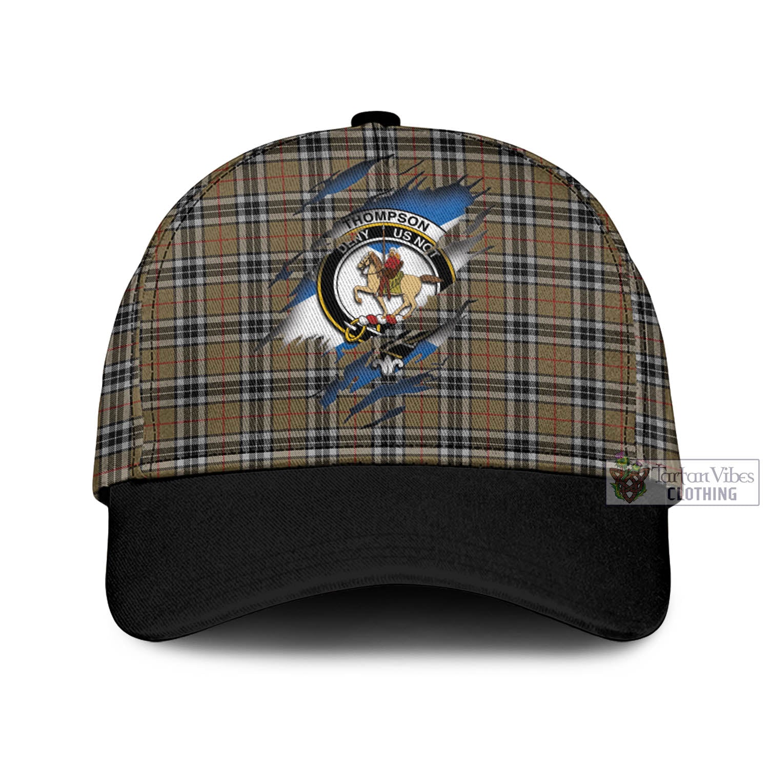 Tartan Vibes Clothing Thompson Society Camel Tartan Classic Cap with Family Crest In Me Style