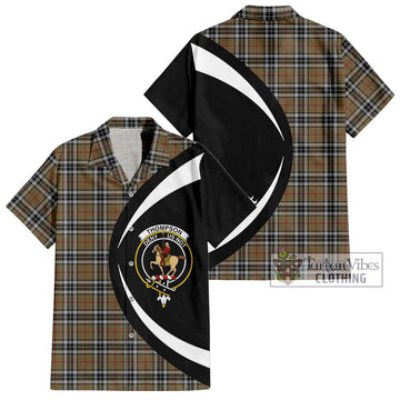 Thompson Society Camel Tartan Short Sleeve Button Up with Family Crest Circle Style