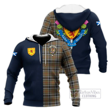 Thompson Society Camel Tartan Knitted Hoodie Alba with Scottish Lion Royal Arm Half Style