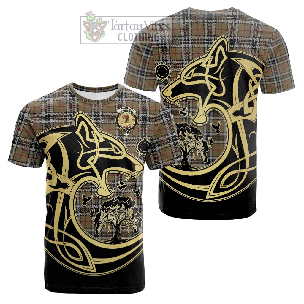 Tartan Vibes Clothing Thompson Society Camel Tartan Cotton T-shirt with Family Crest Celtic Wolf Style