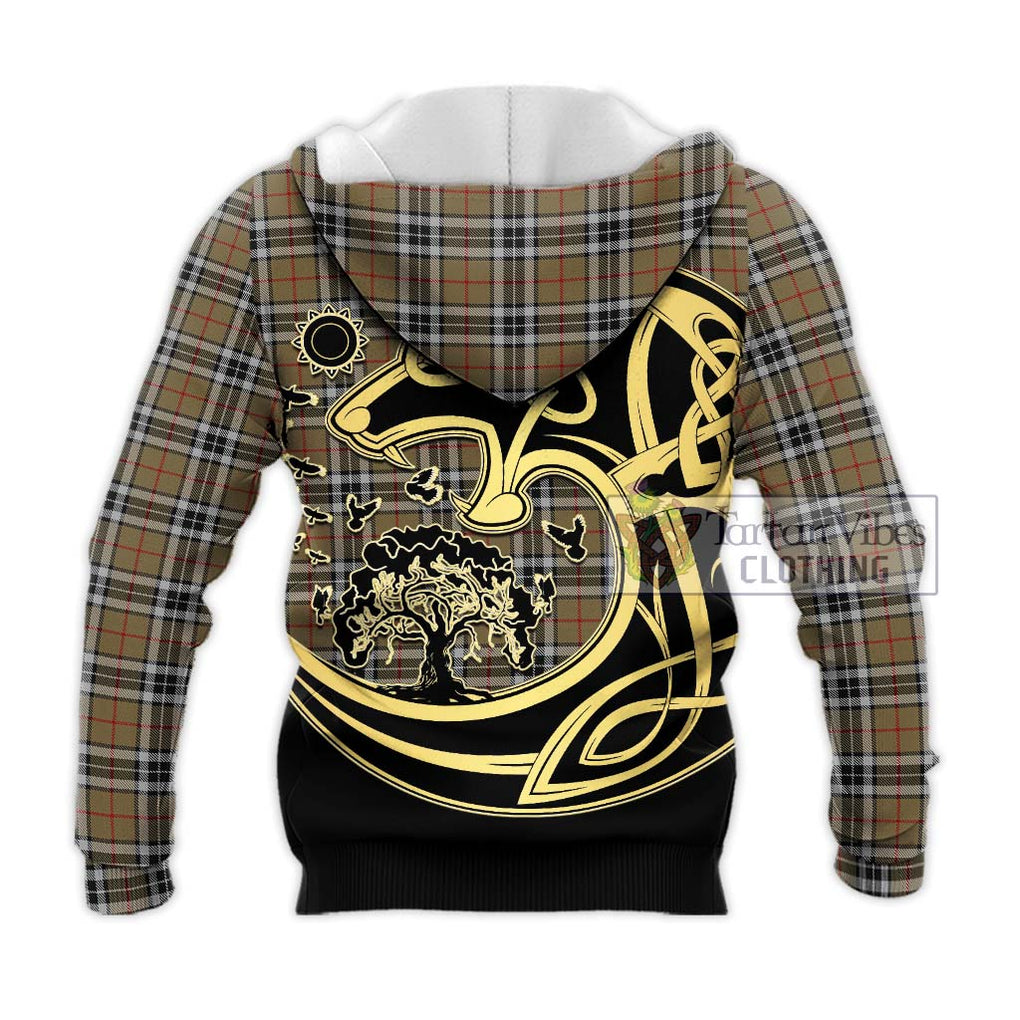 Thompson Society Camel Tartan Knitted Hoodie with Family Crest Celtic Wolf Style - Tartan Vibes Clothing