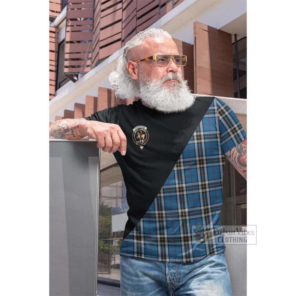 Tartan Vibes Clothing Thompson Society Dress Blue Tartan Cotton T-shirt with Family Crest and Military Logo Style