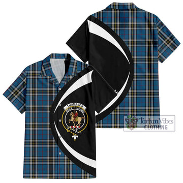 Thompson Society Dress Blue Tartan Short Sleeve Button Up with Family Crest Circle Style