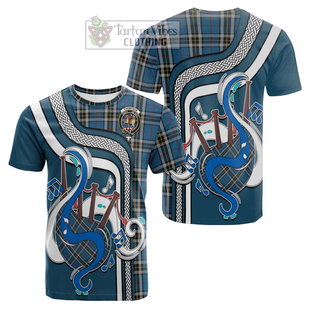 Tartan Vibes Clothing Thompson Society Dress Blue Tartan Cotton T-shirt with Epic Bagpipe Style