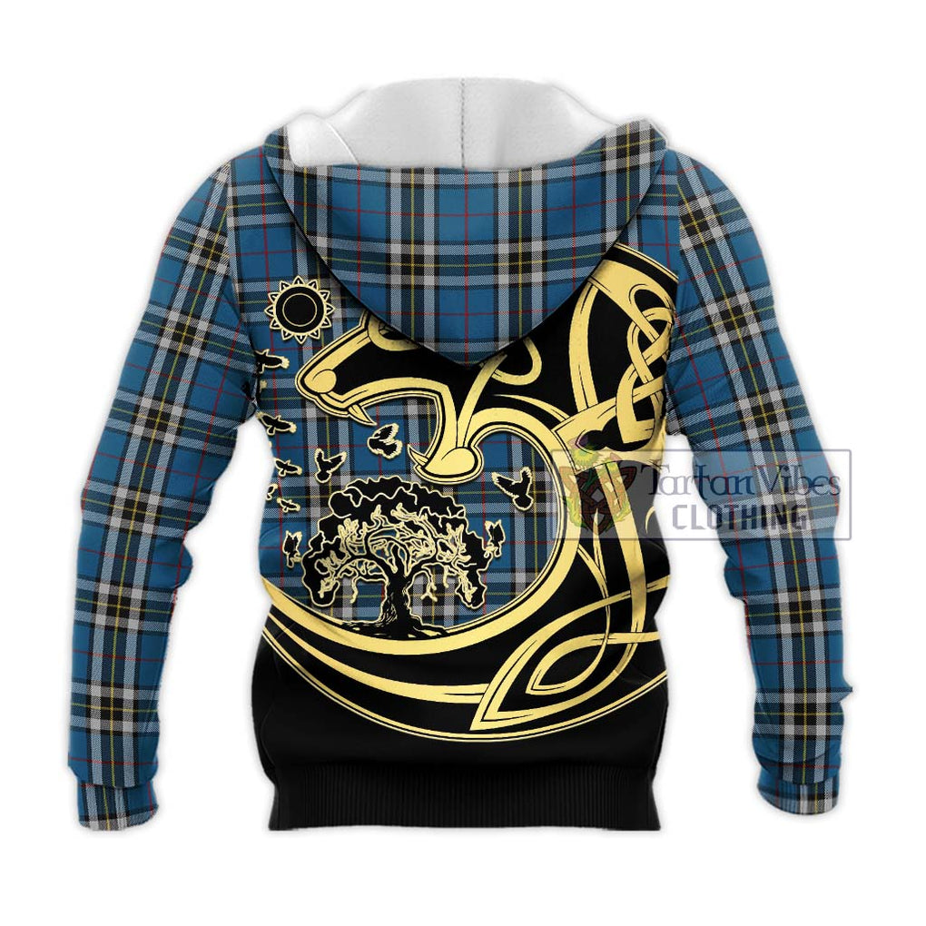 Thompson Society Dress Blue Tartan Knitted Hoodie with Family Crest Celtic Wolf Style - Tartan Vibes Clothing