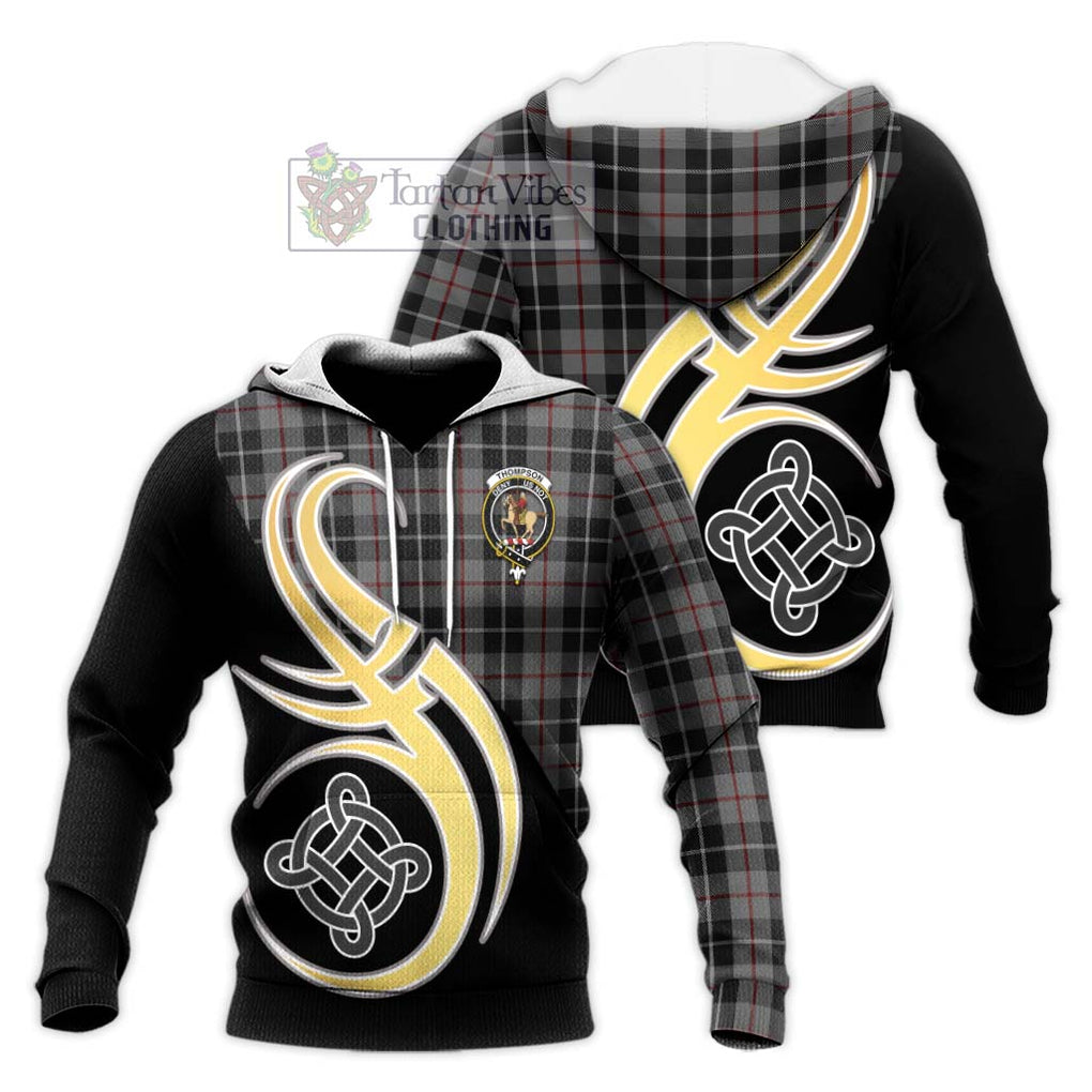 Thompson Society Grey Tartan Knitted Hoodie with Family Crest and Celtic Symbol Style Unisex Knitted Pullover Hoodie - Tartan Vibes Clothing