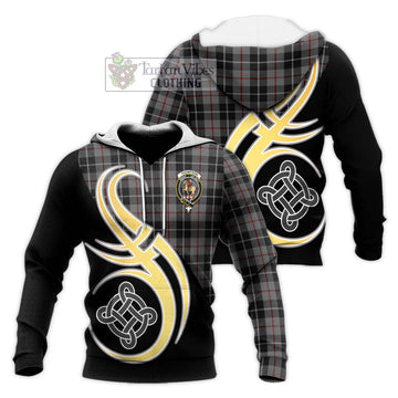 Thompson Society Grey Tartan Knitted Hoodie with Family Crest and Celtic Symbol Style