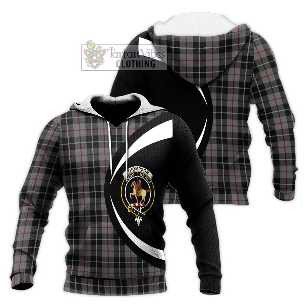 Thompson Society Grey Tartan Knitted Hoodie with Family Crest Circle Style Unisex Knitted Pullover Hoodie - Tartan Vibes Clothing