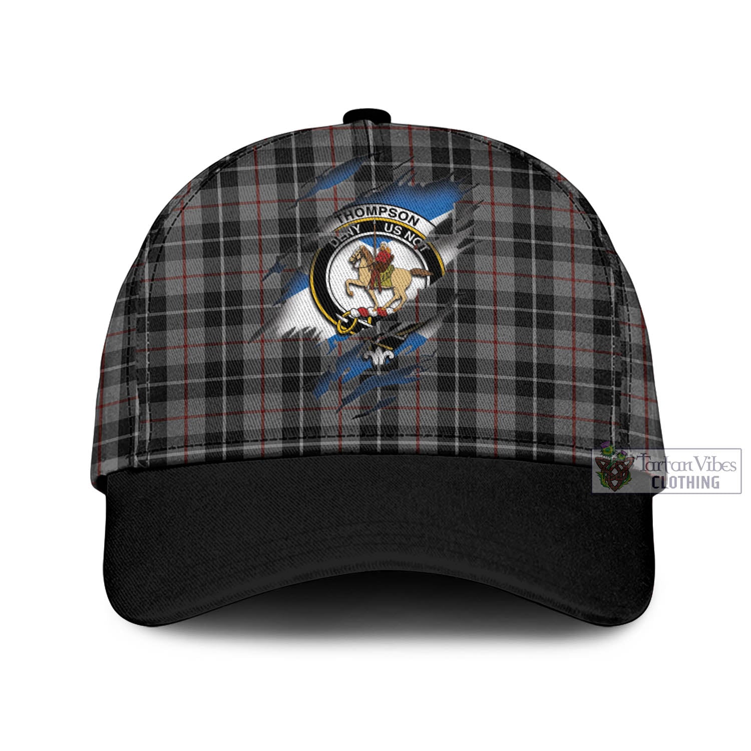 Tartan Vibes Clothing Thompson Society Grey Tartan Classic Cap with Family Crest In Me Style