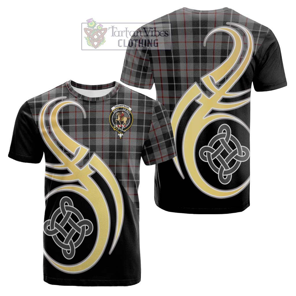 Tartan Vibes Clothing Thompson Society Grey Tartan Cotton T-shirt with Family Crest and Celtic Symbol Style