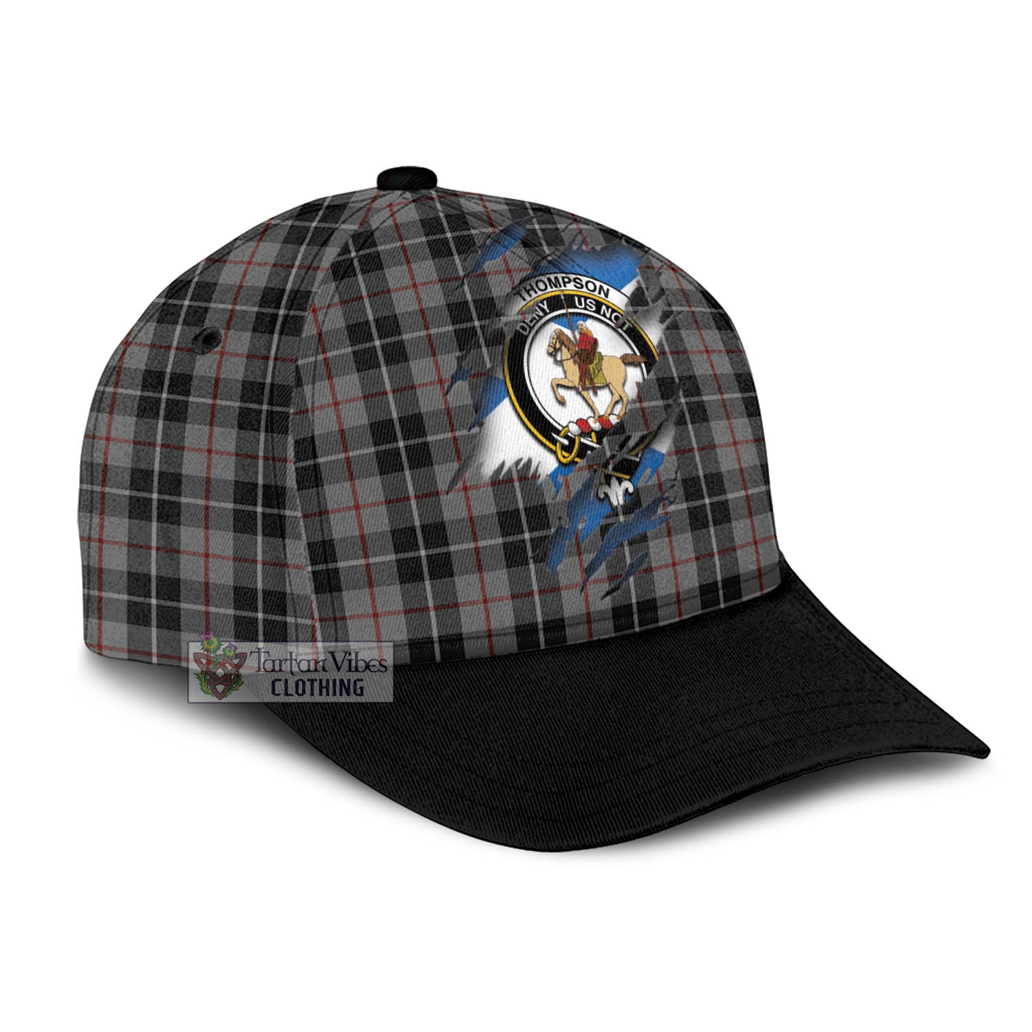 Tartan Vibes Clothing Thompson Society Grey Tartan Classic Cap with Family Crest In Me Style