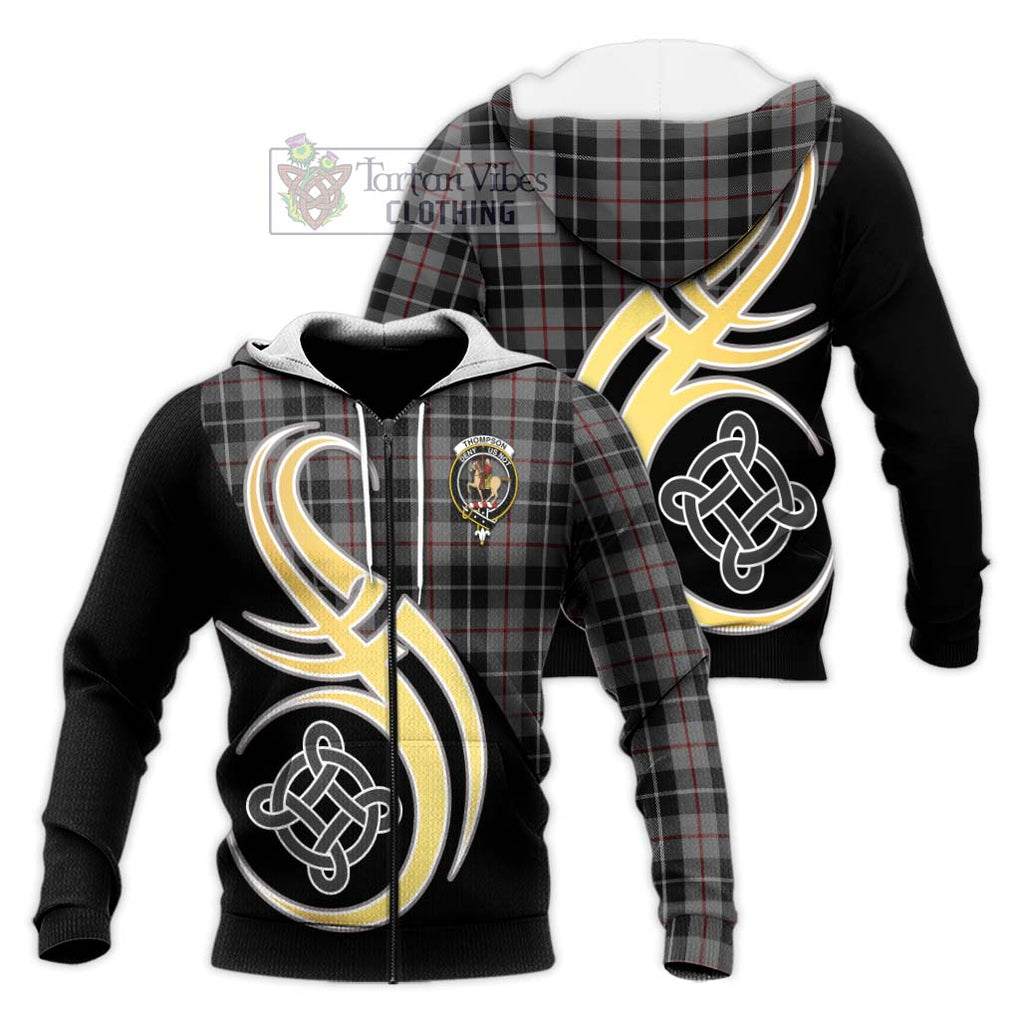 Thompson Society Grey Tartan Knitted Hoodie with Family Crest and Celtic Symbol Style Unisex Knitted Zip Hoodie - Tartan Vibes Clothing