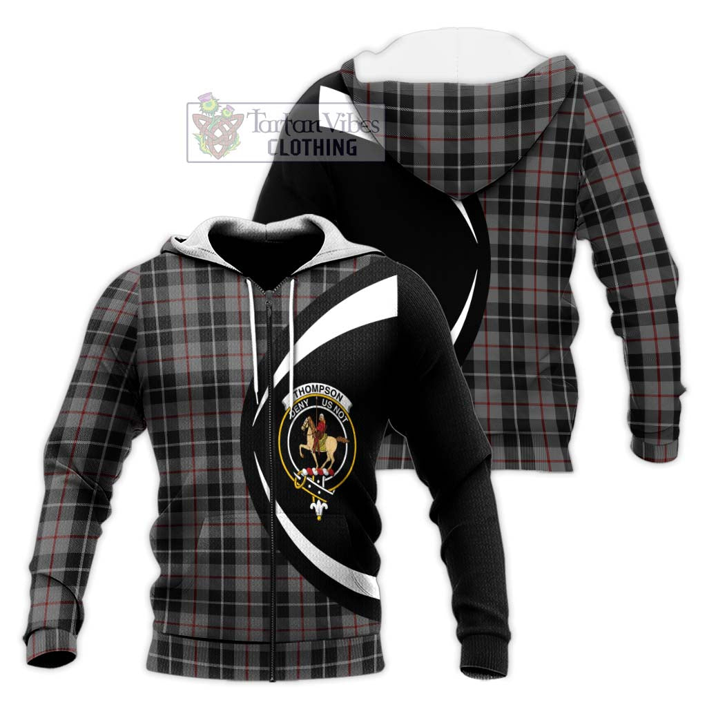 Thompson Society Grey Tartan Knitted Hoodie with Family Crest Circle Style Unisex Knitted Zip Hoodie - Tartan Vibes Clothing