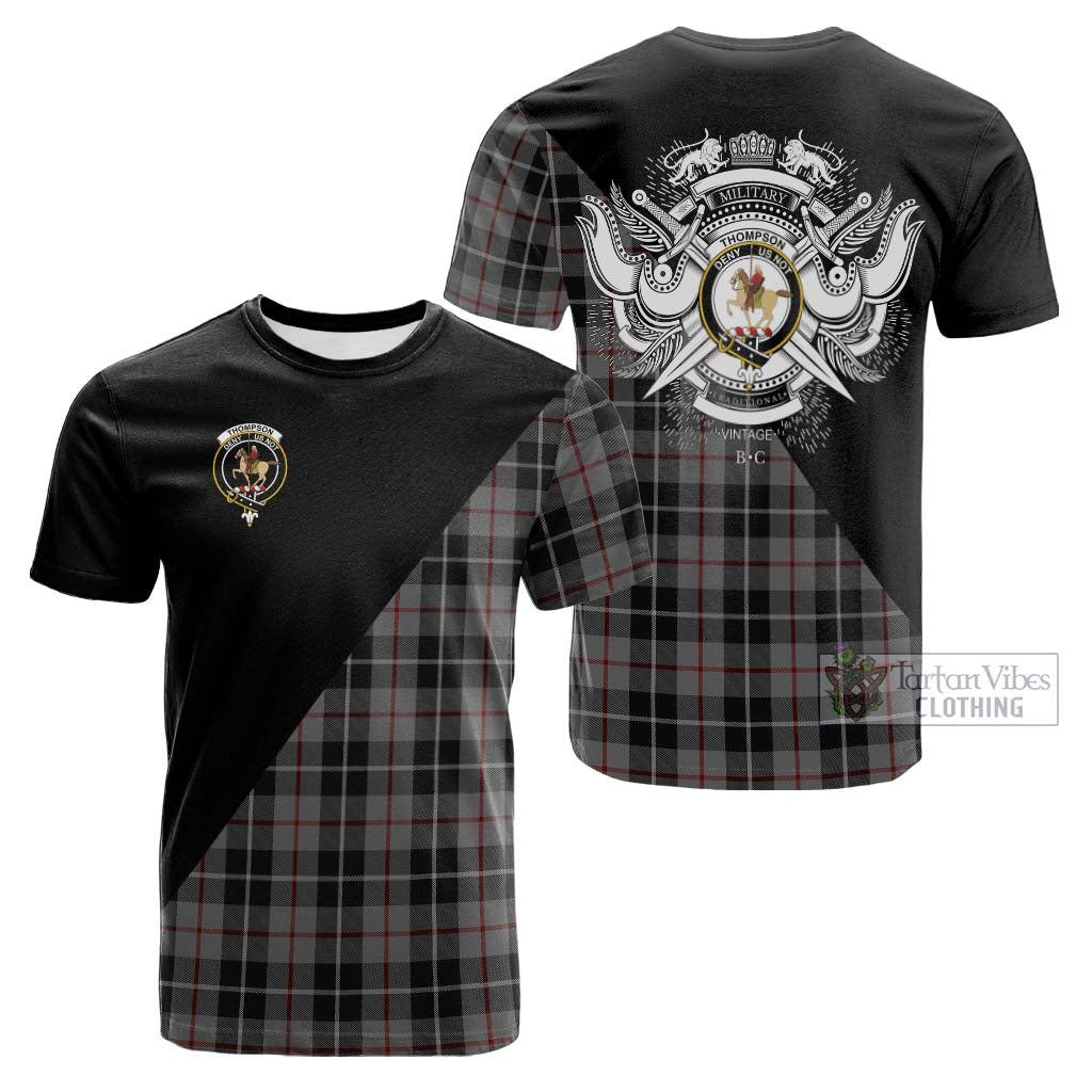 Tartan Vibes Clothing Thompson Society Grey Tartan Cotton T-shirt with Family Crest and Military Logo Style