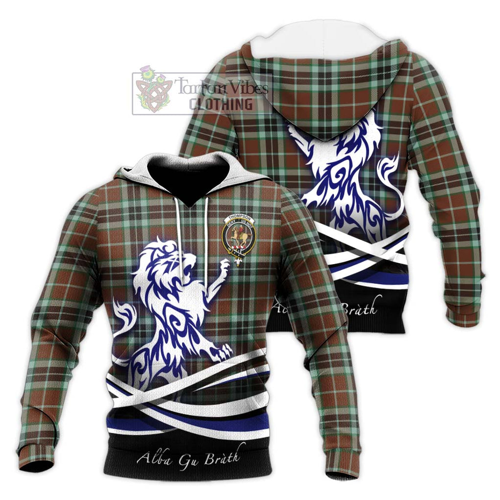 Thompson Society Hunting Modern Tartan Knitted Hoodie with Alba Gu Brath Regal Lion Emblem Unisex Knitted Pullover Hoodie - Tartanvibesclothing Shop