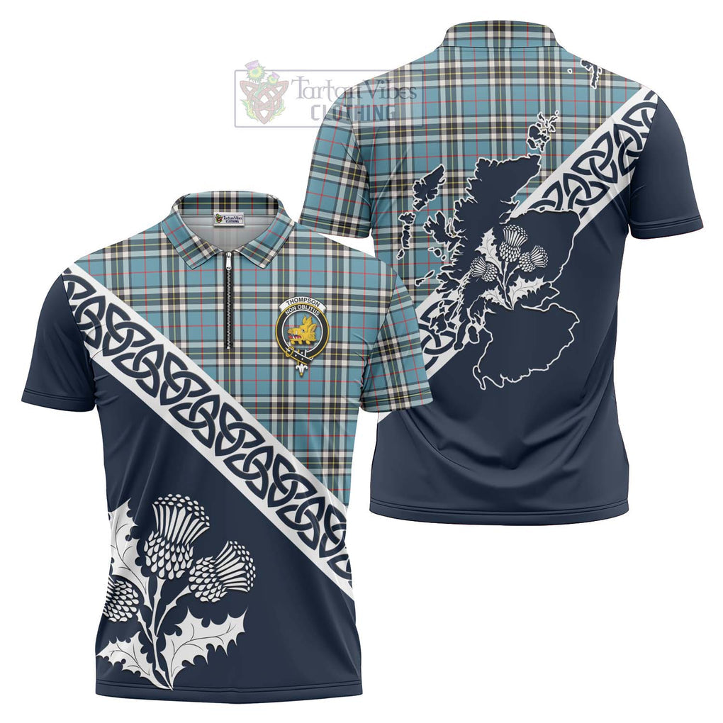 Thompson (Thomson) Tartan Zipper Polo Shirt Featuring Thistle and Scotland Map Unisex - Tartanvibesclothing Store