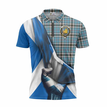 Thompson (Thomson) Tartan Zipper Polo Shirt with Family Crest Scotland Patriotic Style Unisex - Tartan Vibes Clothing