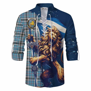 Thompson (Thomson) Tartan Family Crest Ghillie Kilt Shirt with Scottish Majestic Lion