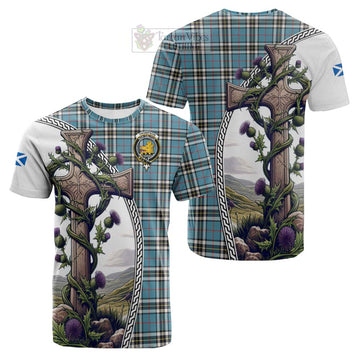 Thompson (Thomson) Tartan Cotton T-shirt with Family Crest and St. Andrew's Cross Accented by Thistle Vines Kid's Shirt - Tartan Vibes Clothing