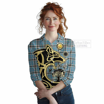 Thompson (Thomson) Tartan Women's Casual Shirt with Family Crest Celtic Wolf Style Female - Tartan Vibes Clothing
