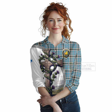 Thompson (Thomson) Tartan Women's Casual Shirt with Family Crest and St. Andrew's Cross Accented by Thistle Vines Female - Tartan Vibes Clothing