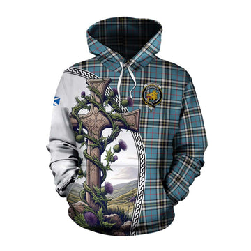 Thompson (Thomson) Tartan Cotton Hoodie with Family Crest and St. Andrew's Cross Accented by Thistle Vines Pullover Hoodie XS - Tartan Vibes Clothing