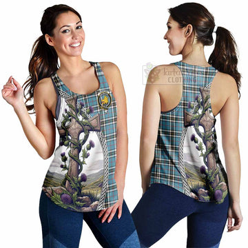 Thompson (Thomson) Tartan Women's Racerback Tanks with Family Crest and St. Andrew's Cross Accented by Thistle Vines 4XL - Tartan Vibes Clothing