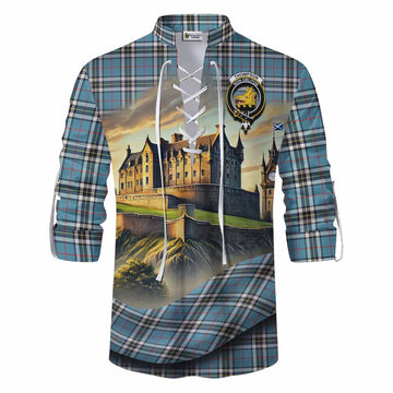 Thompson (Thomson) Tartan Family Crest Ghillie Kilt Shirt with Scottish Ancient Castle Style Men - Tartan Vibes Clothing