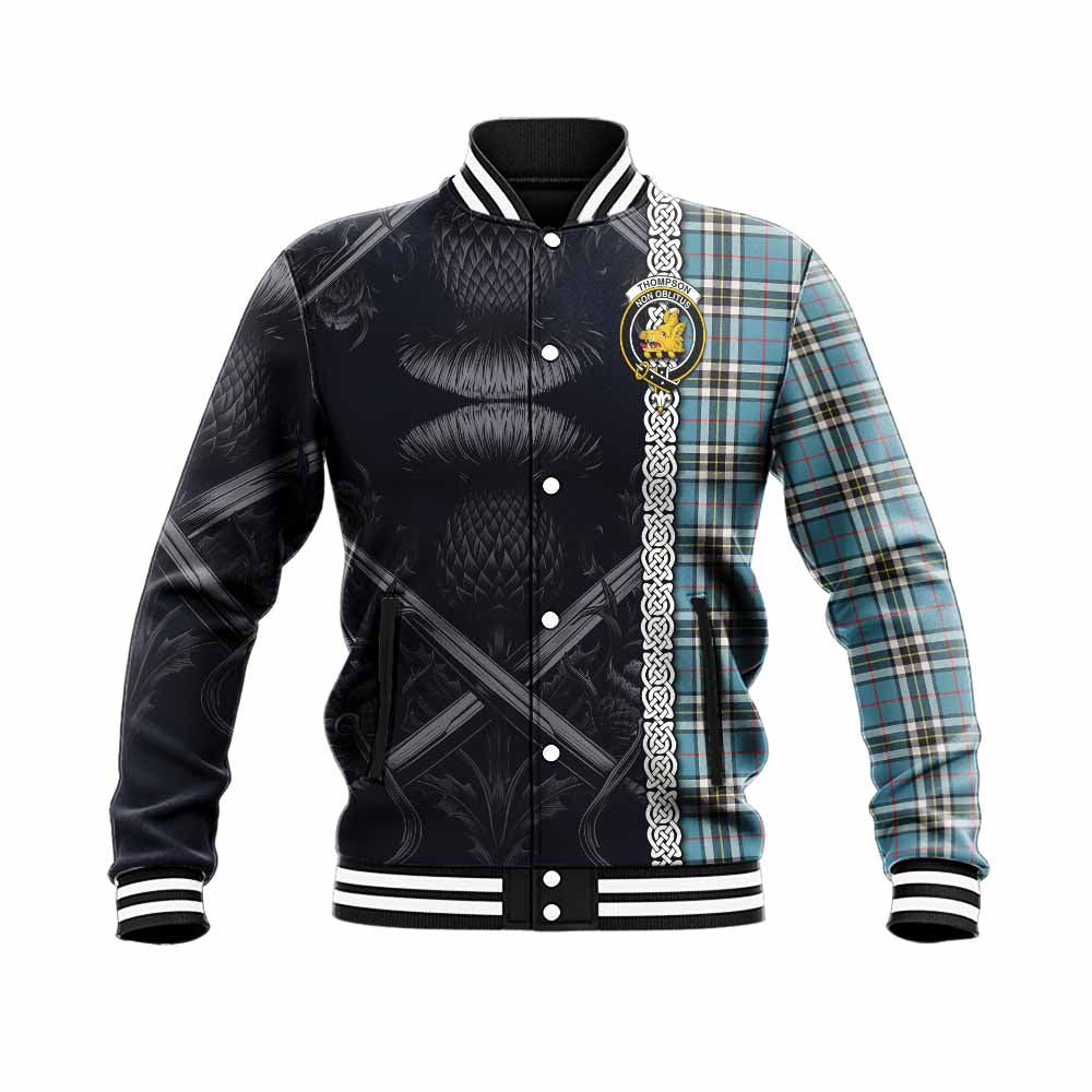 Thompson (Thomson) Tartan Baseball Jacket with Family Crest Cross Sword Thistle Celtic Vibes Unisex - Tartan Vibes Clothing