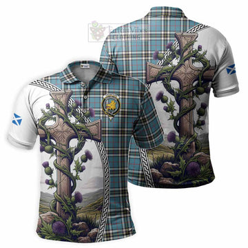 Thompson (Thomson) Tartan Polo Shirt with Family Crest and St. Andrew's Cross Accented by Thistle Vines Kid - Tartan Vibes Clothing