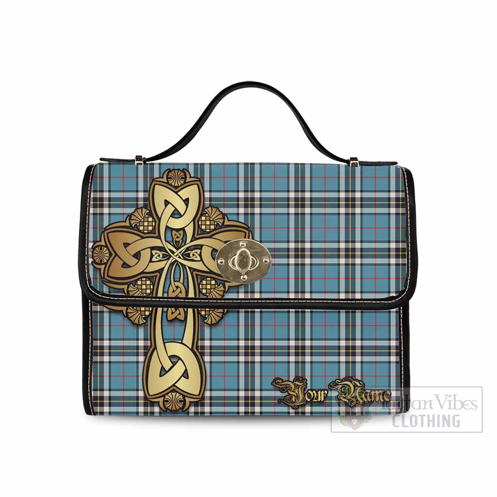 Thompson (Thomson) Tartan Waterproof Canvas Bag Golden Thistle Celtic Cross Style Black Leather Strap One Size 10.5*20*27cm - Tartan Vibes Clothing
