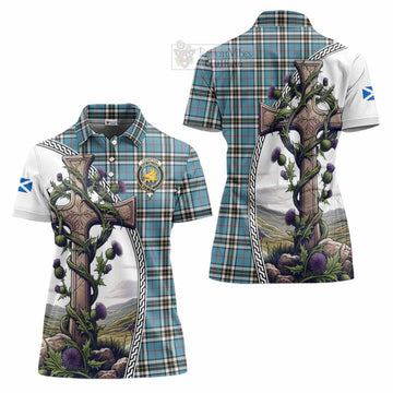 Thompson (Thomson) Tartan Women's Polo Shirt with Family Crest and St. Andrew's Cross Accented by Thistle Vines Women - Tartan Vibes Clothing