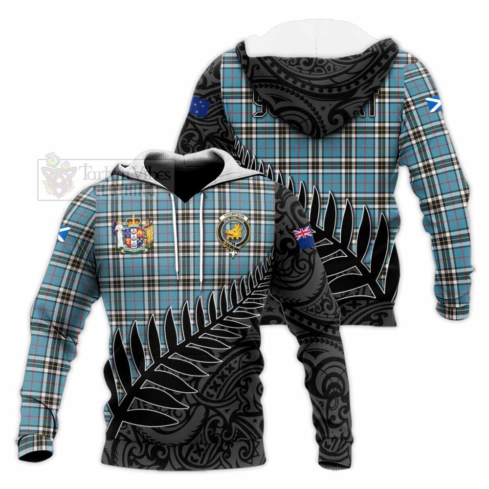 Tartan Vibes Clothing Thompson (Thomson) Crest Tartan Knitted Hoodie with New Zealand Silver Fern Half Style